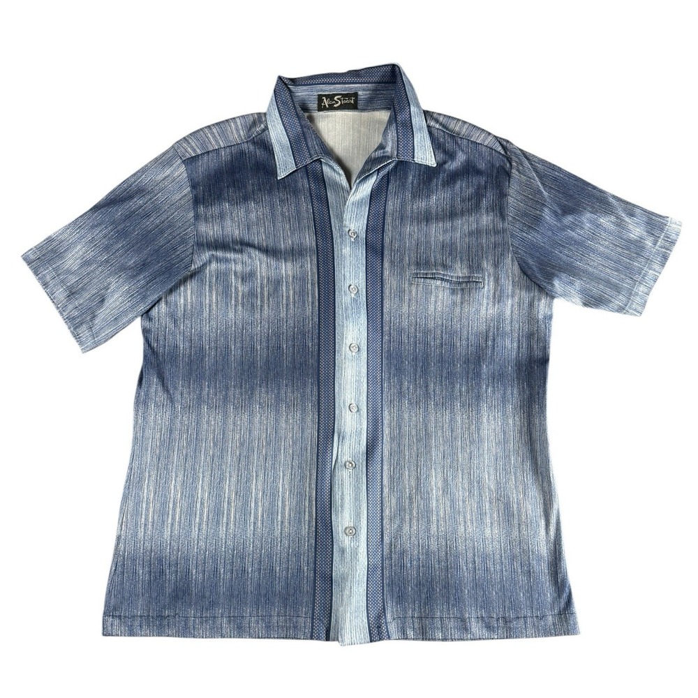 ALAN STUART Mens XL Blue Striped Button Front Shirt Short Sleeve Retro